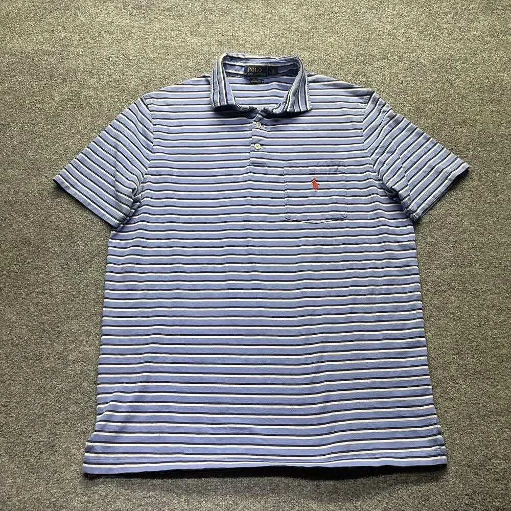 Polo Ralph Lauren Shirt Mens Medium Blue Striped Pocket Short Sleeve Classic Fit